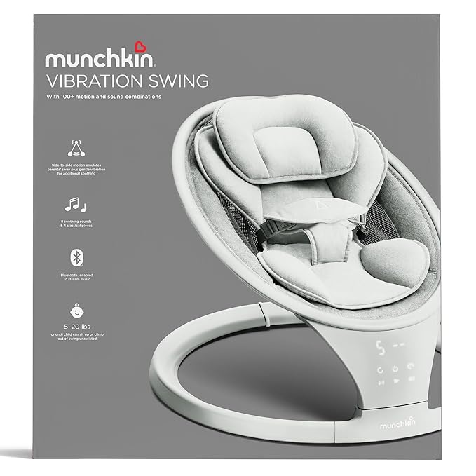 Munchkin Electric Baby Swing with Vibration - Portable Swing for Newborn and Infant, Bluetooth-Enabled Smart Seat with Music, Motion, and Sounds, Light Grey