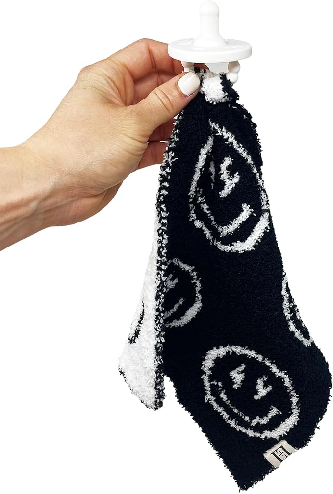 L+L USA Smiley Face Baby Lovey Pacifier/Teether Holder 10"x10" - DreamSoft Plush Fluffy Cuddly Soothie Reversible Mini Comfort Blanket - Cute Newborn Gift Essential Babies Boys and Girls (Black/White)