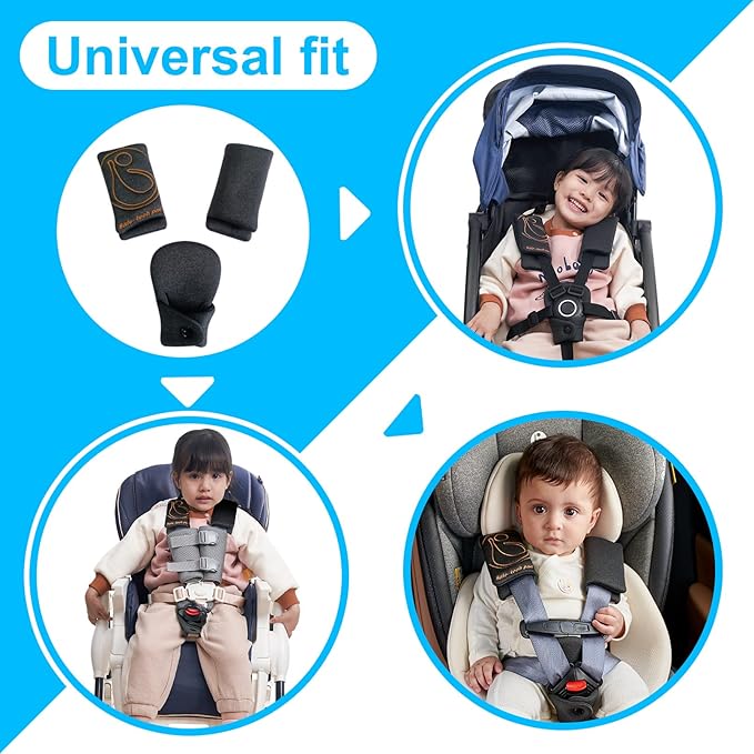 Innokids Car Seat Strap Cover Set for Baby Kids Seat Belt Covers with Crotch Pad Back Anti-Slip Design for Car Seats Pushchair Stroller (Small (4.9”L), Black Grey)