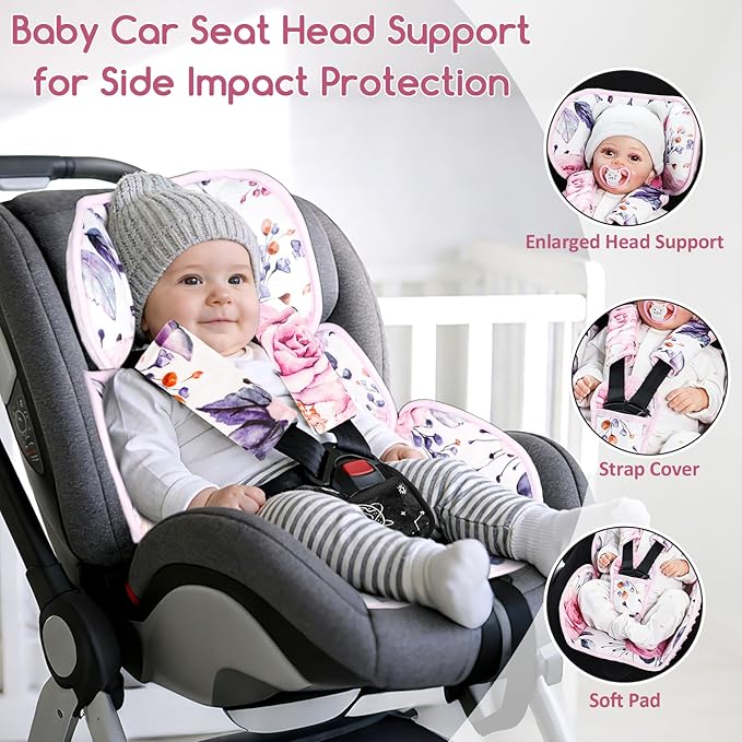 Infant Car Seat Insert with 3 Straps Covers, Ultra-Thick Baby Car Seat Head Support for Side Impact Protection, Minky Dot Baby Car Seat Cushion, Universal Pink Carseat Head Support for Newborn