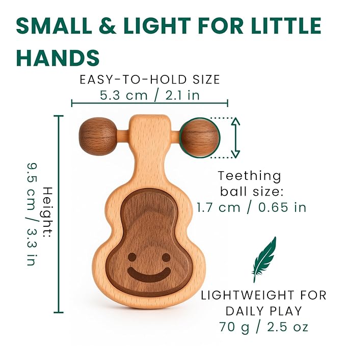 HippoToys Handcrafted Wooden Baby Rattle | Natural Teething Toy | Montessori Sensory Developmental Toy | Non-Toxic Organic Baby Toy | Newborn Infant Baby Boy Girl Gift 0-12 Months
