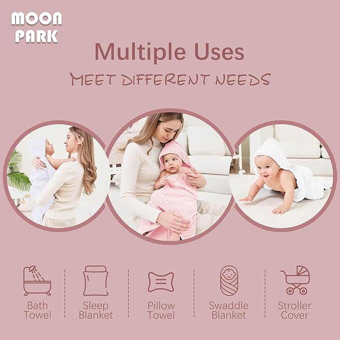 MOON PARK 2 Pack Muslin Hooded Baby Bath Towels for Newborns, Infants, Toddlers - 100% Cotton - Large 32x32Inch Size - Highly Absorbent and Essential, White and Pink