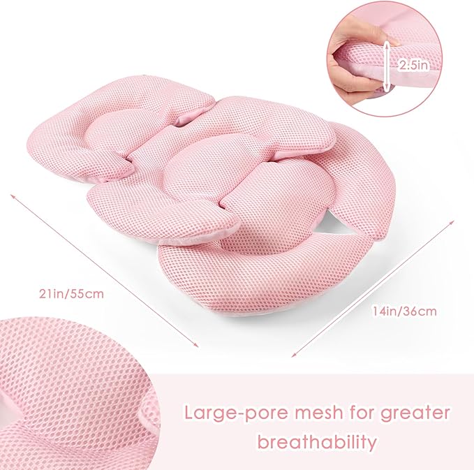 Infant Car Seat Insert for Newborn Girls Boys, Summer Mesh Baby Carseat Head Inserts with Strap Pads, Soft Reversible Baby Car Seat Insert Cushion Pad for Stroller, Bouncer, Swing, High Chair, Pink