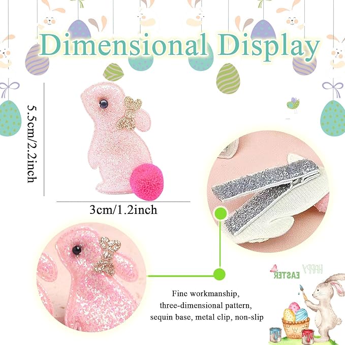 Bunny Hair Clips for Girls, 2pcs Glitter Pink Easter Hair Accessories, Baby Hair Alligator Barrettes Cute Rabbit Hairpins Toddlers Kids for Party Princess Cosplay Decoration