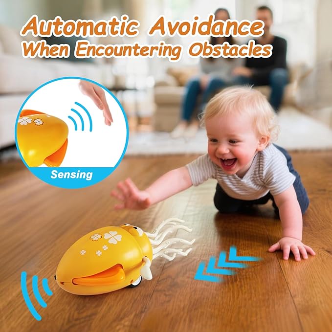 Electric Dancing Octopus Toy, Automatic Obstacle Avoidance Crawling Squid - Lights, Music, Crawling & Fishing Rod Play Fun Chase Toy for Kids Boy Girl Birthday Gifts (Yellow)