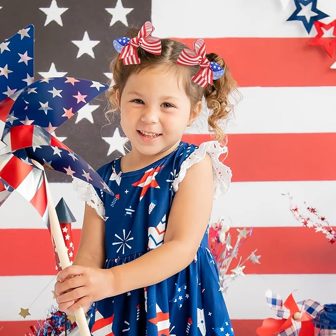 YanJie 4th of July 3'' Bow Hair Clips 4pcs Red Blue Ribbon Star Baby Girl Clips American Flag Clips Patriotic Hairpins Girls Hair Accessories