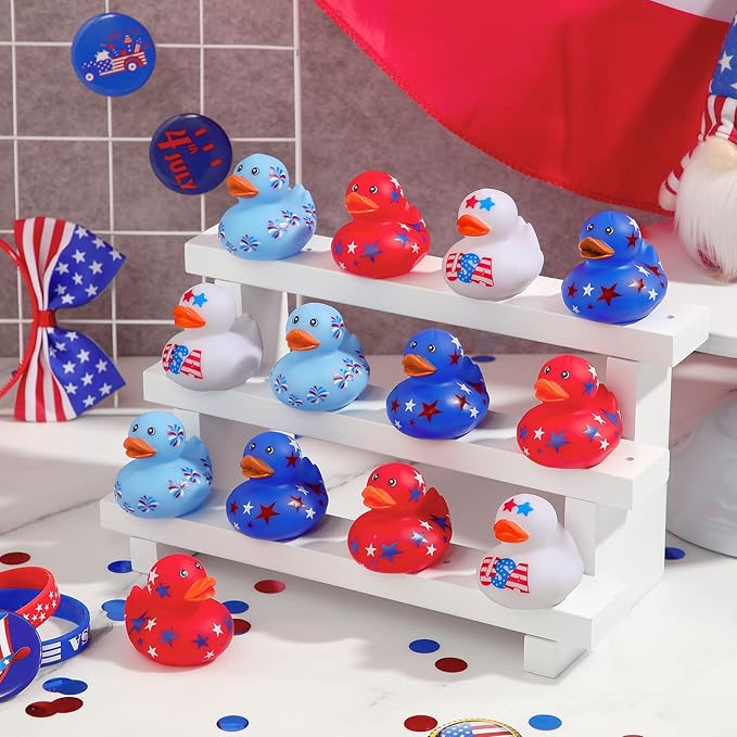 Jerify 24 Pcs 2 Inch Patriotic Rubber Ducks Summer Small Shower Float Rubber Ducks Star Ducky for Bath Birthday Gifts Baby Showers Beach Pool 4th of July Independence Day (Classic)