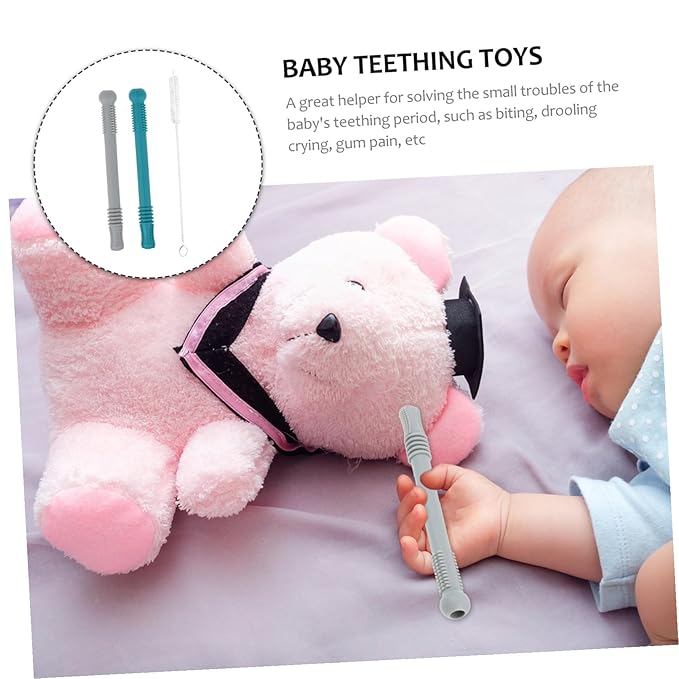KOMBIUDA Teether with Hollow Molar Sticks and Cleaning Brush Food-Grade Silicone Teething for Soothing Gums and Developing Grasping Skills Safe and Elastic Design for Small Hands