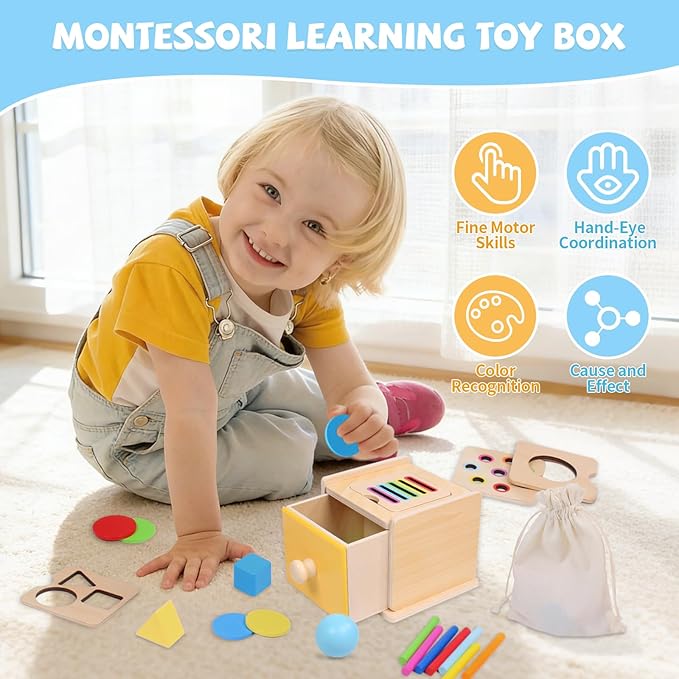 YHHYTOY Montessori Toys for 1+ Year Old, 4 in 1 Object Permanence Coin Box, Ball Drop Color Sorting Sensory Fine Motor Skills Toys Shape Sorter for Toddlers 1-3, Gifts for 1 2 3 Year Old Girls Boys