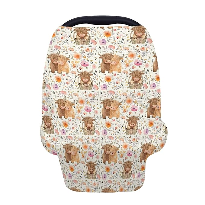 5-in-1 Unisex Highland Cow Pattern Baby Carseat Stroller Cover for Boys Girls, Western Farm Cow Flowers Floral Infant Toddler Privacy Nursing Breastfeeding Canopy, Grocery Shopping Cart Cover-24x28