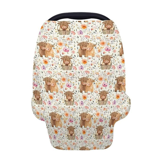 5-in-1 Unisex Highland Cow Pattern Baby Carseat Stroller Cover for Boys Girls, Western Farm Cow Flowers Floral Infant Toddler Privacy Nursing Breastfeeding Canopy, Grocery Shopping Cart Cover-24x28