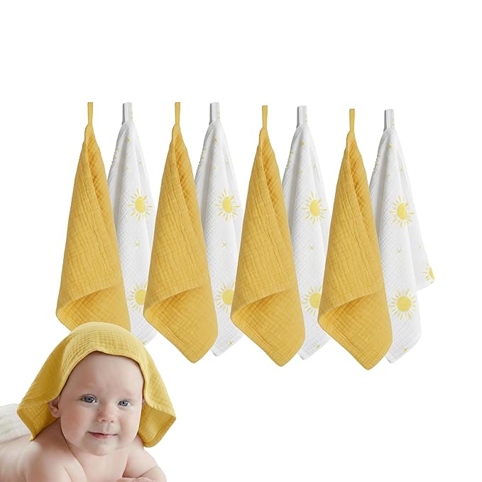 Muslin Baby Washcloths for Newborns, Pack of 8, 11"x11", Super Soft Cotton, Absorbent and Gentle, Baby Cotton Wipes, Baby wash Cloths