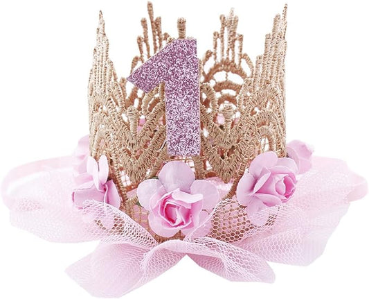 June Bloomy Baby Golden Lace Rose Flower Crown 1st Birthday Headband Princess Tiara