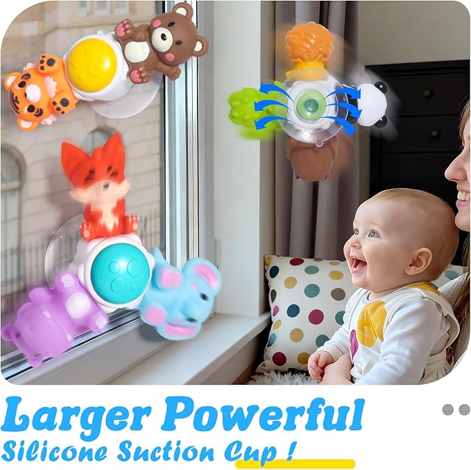 3PCS Cute Safari Animals Suction Spinner Toys for Babies, Detachable Soft Animal Figurines Finger Puppet, Bath Toy for Toddler Ages 1-3, Montessori Toys Birthday Gifts for Boys and Girls 12 Months+