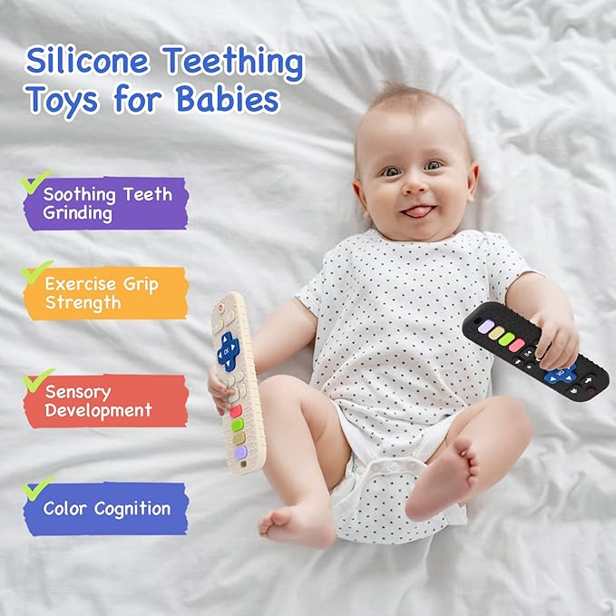 Hooku 2 Pack Silicone Teethers for Babies 0-6 months, Teething Toys for Babies 6-12 Months, Baby Remote Control Toy, Infant Toys 0-3 months, Sensory Chew Toys, Toddler Newborn Baby Girl Boy Gifts