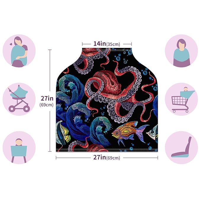 Baby Car Seat Stroller Covers Ocean Octopus Waves Fish Nursing Cover Breastfeeding Scarf Soft Breathable Stretchy Infant Car Canopy Coverage Carseat Cover for Boys and Girls Multi Use