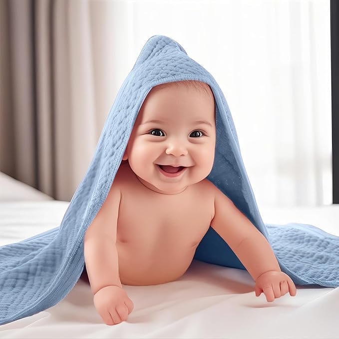 VitalCozy 12 Pcs Baby Muslin Hooded Bath Towels and Washcloths, Muslin Hooded Baby Towels Absorbent Blankets for Gift Newborn Infant Shower (Blue Style)