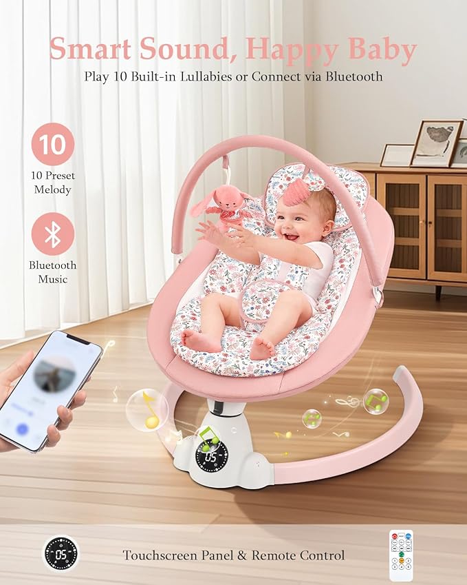 Baby Swing for Infants, Electric Baby Swing with Bluetooth, Portable Infant Swing with 5 Speeds, 10 Lullabies, 5-Point Harness & Remote Control, for Newborns Infants Indoor Outdoor Use (Floral)