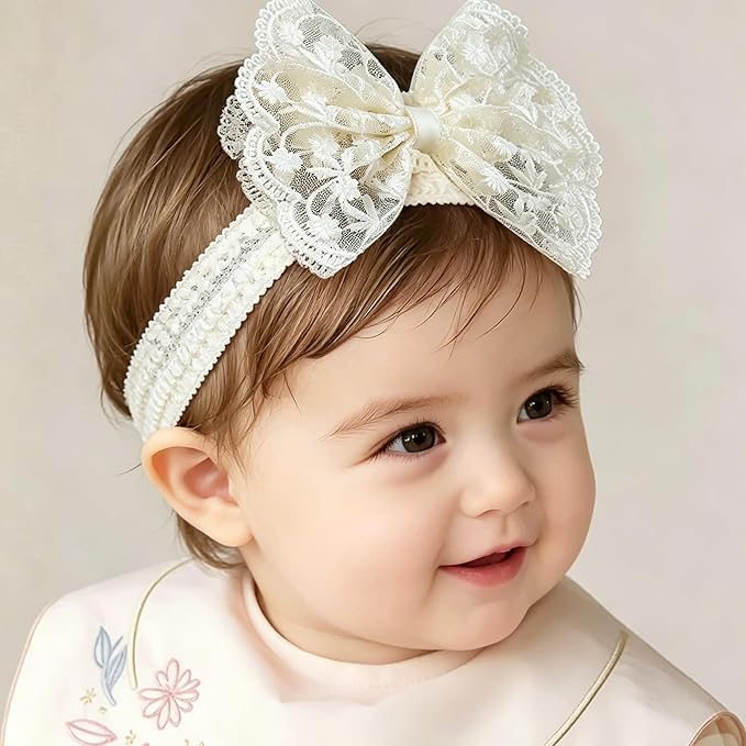 Baby Girls Bow Lace Headband Cute Soft Hairband White Butterfly Knot Headbands for Newborn Infants Toddlers Kids Christening Baptism Birthday Party Hair Accessories（Floral Bow）