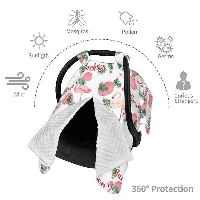 Personalized Car Seat Covers for Babies Custom Name Car Seat Canopy for Newborn Baby Boys Girls 2 in 1 Mom Nursing Breastfeeding Covers Flamingo Minky Baby Carrier Covers with Peekaboo Opening