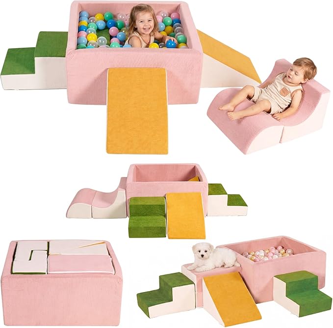6-Piece Modular Foam Climbing Blocks for Toddlers 6-24 Months, Oeko-TEX Certified Soft Play Set with Large Ball Pit, Pink Indoor Crawling Toys for Baby Girls (Balls Not Included)