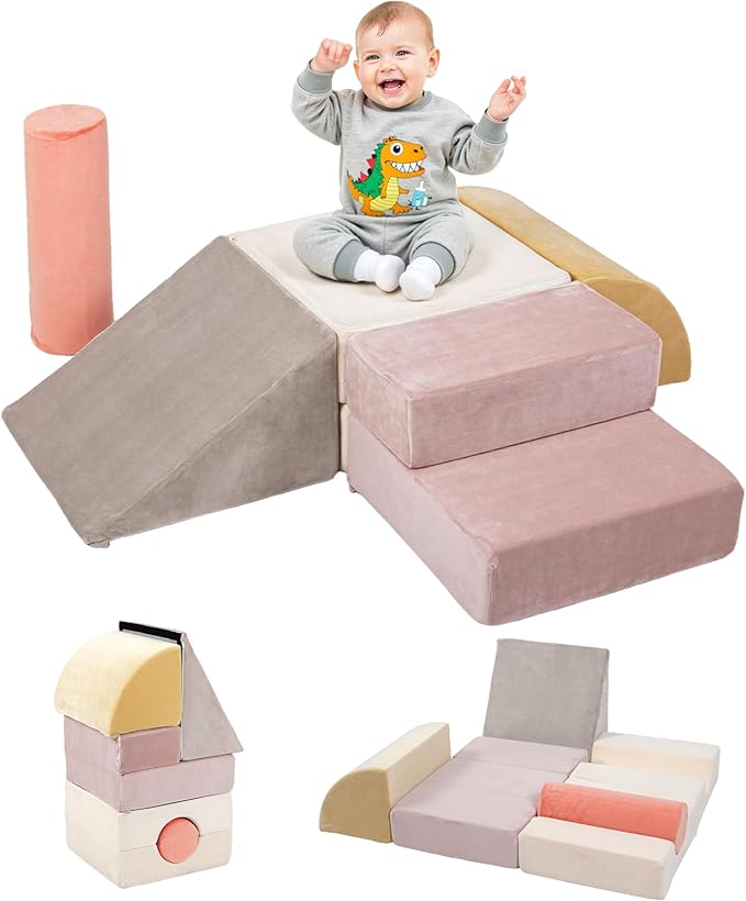 BanaSuper 5-Piece Climbing Toys for Toddlers, Kids Foam Blocks Playset with Cylinder, Foldable Design, Toddler Indoor Soft Play Gym Activity Play Set for Crawling and Active Play(Pink, Yellow)