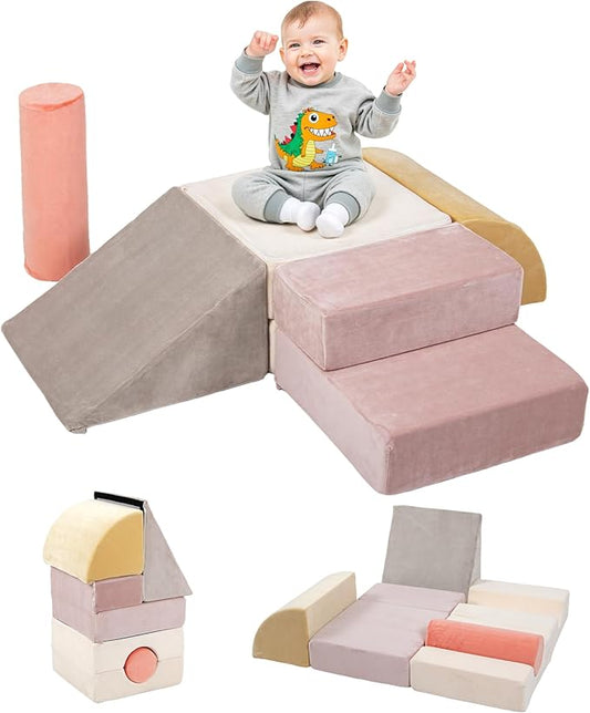 BanaSuper 5-Piece Climbing Toys for Toddlers, Kids Foam Blocks Playset with Cylinder, Foldable Design, Toddler Indoor Soft Play Gym Activity Play Set for Crawling and Active Play(Pink, Yellow)