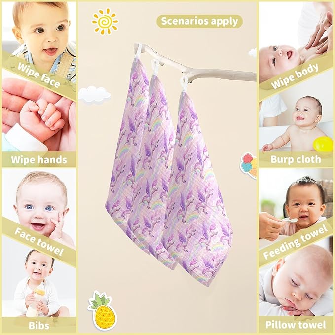 Unicorn Rainbow Baby Washcloths Newborn Muslin Burp Cloths 3 Pack Soft Cotton Baby Face Bath Towel Drool Bibs for Infants, Girls and Boys 11.8 x 11.8 Inch