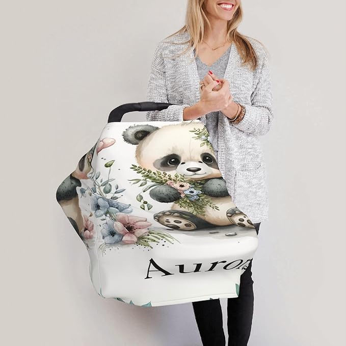 Personalized Panda Baby Car Seat Cover with Name,Multi-Use Canopy for Nursing, Strollers,Shopping Carts,Customized Breastfeeding Cover, Full Privacy,Infant Stroller Cover