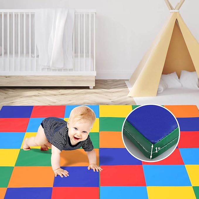 OLAKIDS Baby Foam Play Mat, Foldable 58'' x 58'' Toddler Collapsible Crawl Floor Mat, Waterproof Soft Thick Patchwork Play Mat for Kids Gym Nursery Playroom (Blue)