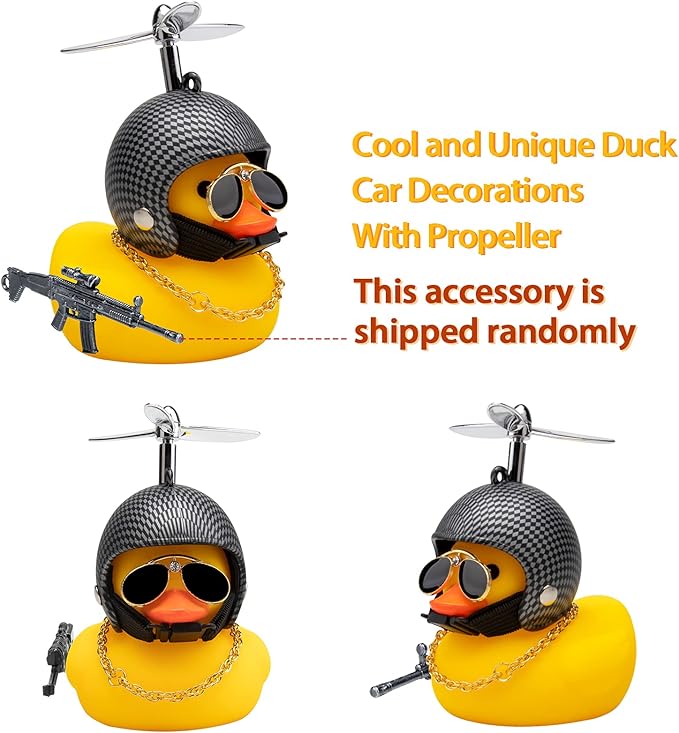 wonuu Rubber Duck Car Ornaments Cool Yellow Duck Car Dashboard Decorations Squeaky Glasses Duck with Propeller Helmet for Car ccessories Dashboard (Y-Black and White Grid)