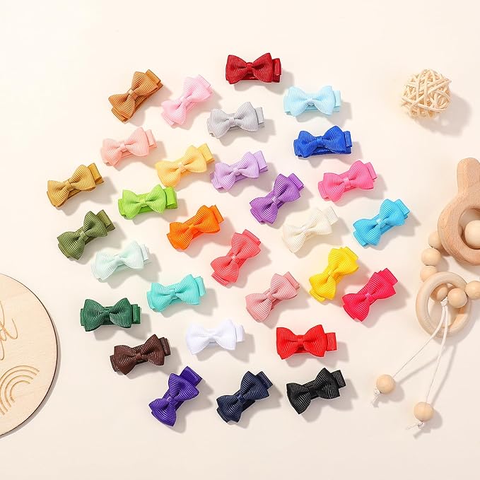 Mini Fully Lined Grosgrain Ribbon Hair Bows Clips for Girls - 1.2" Tiny Bows for Fine Infant Hair, 60PCS (30 Colors in Pairs)