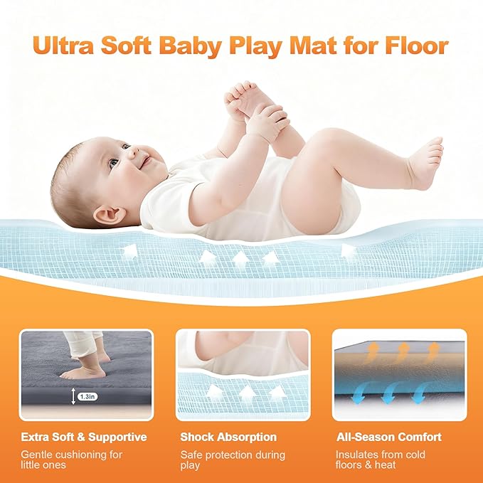 Ultra Soft Baby Play Mat for Floor, 59"×79" Playpen Mat, 1.3" Thick Memory Foam, Non-Slip Tummy Time Mat for Infants, Toddlers, and Kids – Water-Repellent Coral Velvet, Easy Care
