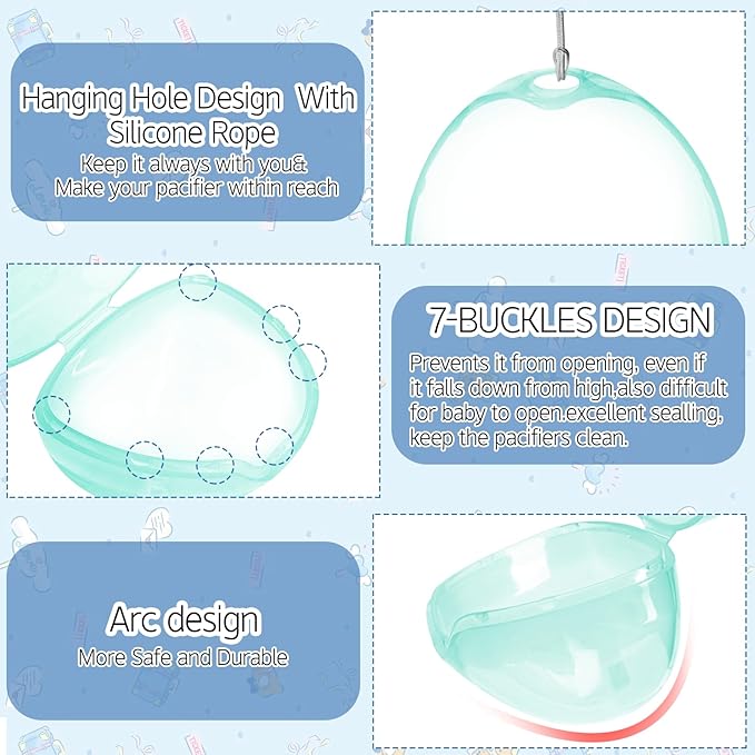 Nisxabebe Pacifier Case,3 Pack BPA Free Pacifiers Holder Case with Lanyard for Diaper Bag,Binky Container Box for Baby Binky Nipple Travel,Essential Pacifier Accessories,Easy to Clean,Green