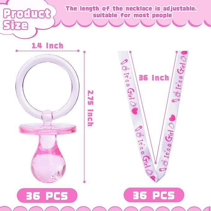 XINHUIDALSQ 36 Baby Shower Pacifiers Necklace, Acrylic Pacifier Necklace for Baby Shower Girls Boys Party Favors Charm/Gender Reveal Party Table Scatter/Game Props(Pink)