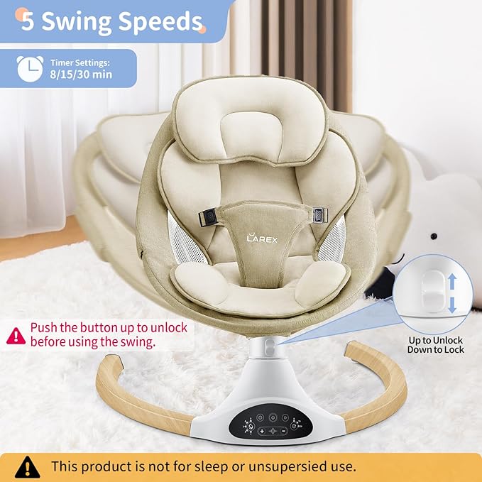 LAREX Baby Swing Infant Swing Electric Toddler Baby Rocker Portable for Newborn Boy Girl, 5 Sway Speeds with Remote Control, 10 Preset Melodies and Bluetooth, 0-6 Months Max 20 Lbs (Khaki)