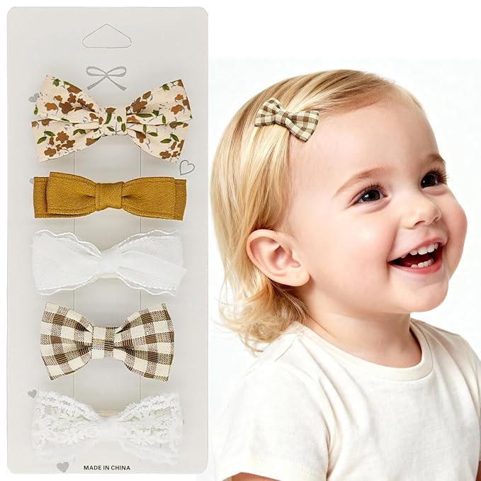 Baby Hair Clips Set – Gentle Girls Hair Bows with Floral, Lace & Plaid Patterns, Fully Wrapped Duckbill Toddler Hair Clips(5-Pack)