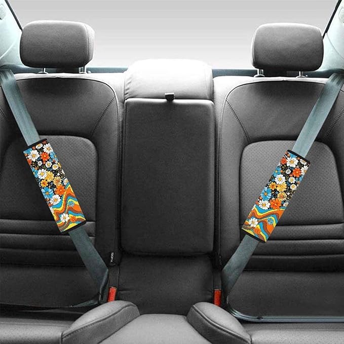 UNICEU Retro Groovy Flower Auto Seat Belt Pads Set of 2, 70S Car Accessory Decoraion Colorful Swirl Wavy Shoulder Seatbelt Pads Cushion Universal Fit Most Vehicle SUV Truck