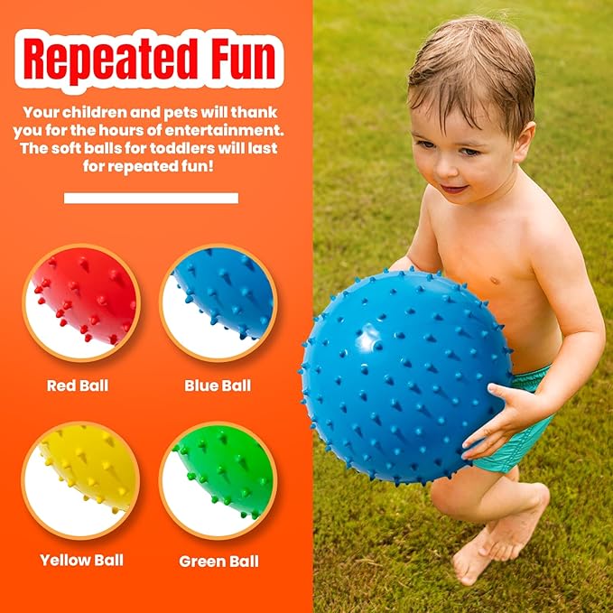 New Bounce Knobby Balls Set for Kids – Set of 4 Bumpy 8.5" Sensory Inflatable Balls with Pump – Textured Toys for Toddlers, Therapy, Outdoor Play, Party Favors & Dog Toys