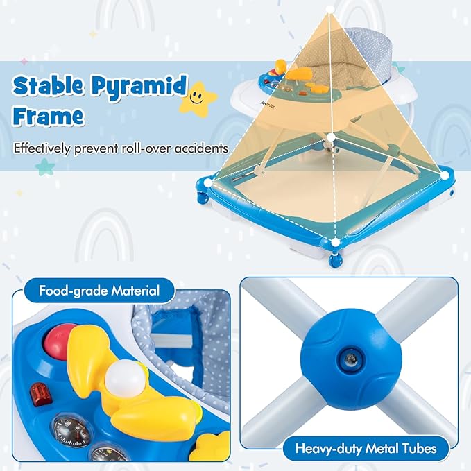 HONEY JOY Baby Walker, 5 in 1 Infant Activity Walker with Wheels, Music, Removable Cushion, Toddler Foldable Push Walker for Boys Girls, Anti-Rollover Walkers for Babies 7-14 Months (Blue)
