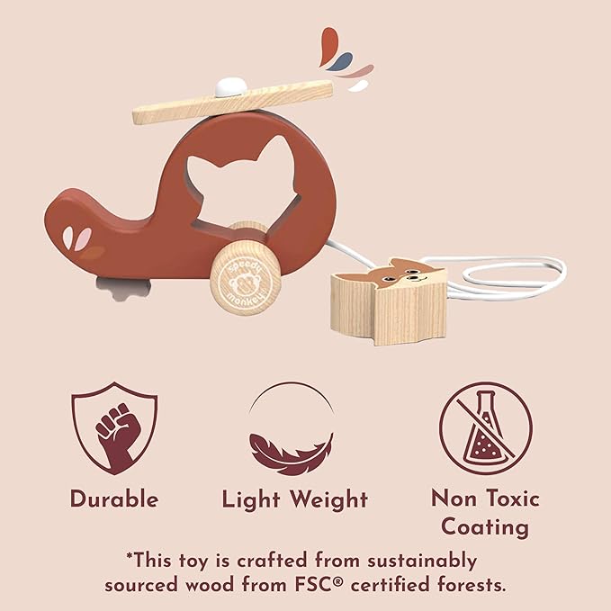 Speedy Monkey Wooden Pull‑Along Helicopter Toy for Toddlers 12m+ | Multicolor Rolling Pull Toy for Kids & Preschoolers | Early Learning Activity Toy – Fine Motor & Gross Motor Skills for Boys & Girls