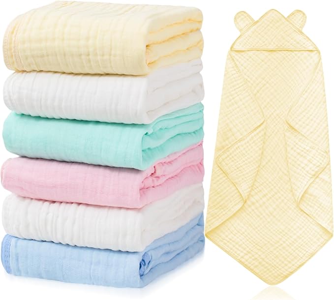 Preboun 6 Pcs Muslin Baby Hooded Towels Cotton Absorbent 6 Layers Cute Bath Toddler Towels for Newborn Kids Girl Infant Boys Toddler Shower Gift Supplies (Multicolor)