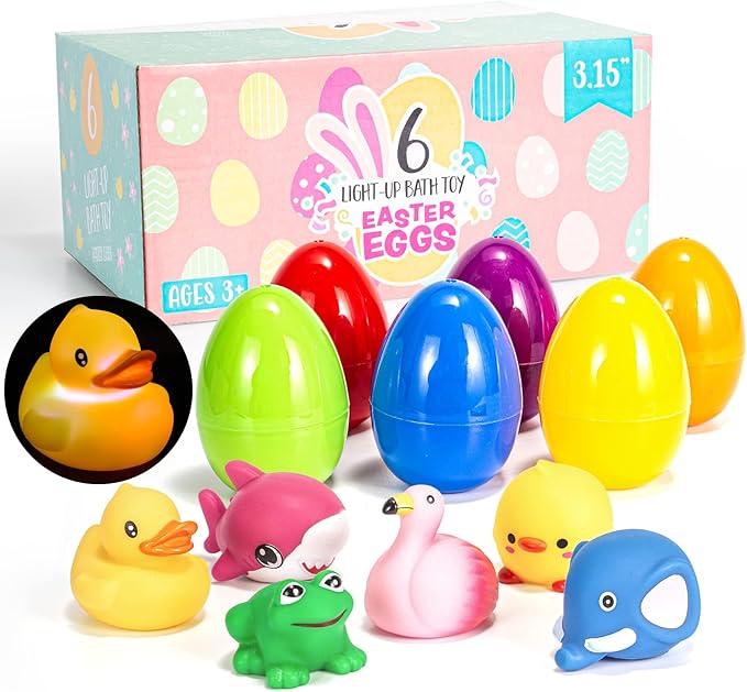 JOYIN 6 Pcs Prefilled Easter Eggs with Floating Animal Light-up Bath Toys, Luminous Bathtub Toys for Kids Easter Eggs Hunt, Toddler Party Favor, Basket Stuffers Filler, Classroom Prize Supplies