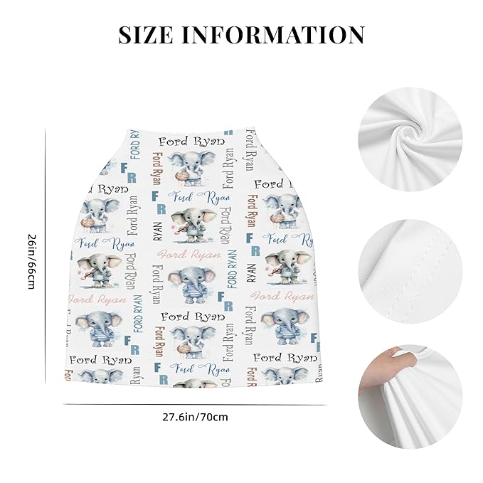 Personalized Baby Car Seat Covers for Babies, Custom Elephant Nursing Breastfeeding Carseat Canopy with Name, Infant Stroller Covers for Newborn Girls Boys, Breathable Carseat Cover