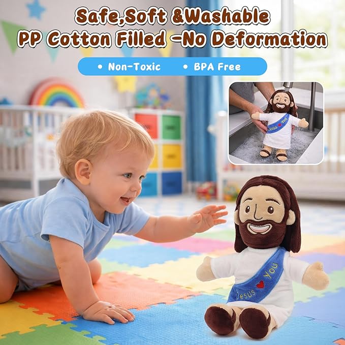 Yelakey Jesus Plush 11.8" Stuffed Doll Soft Religious Plushie for Kids Christian Toy for Easter Christmas Baptism (Blue)
