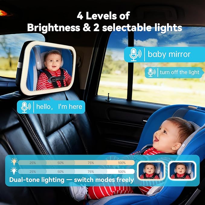 Baby Car Mirror with Remote Control Light, Shatterproof, 360° Adjustable Wide View with Night Vision, Easy Install for Rear Facing Infant Backseat (Voice gradient white)