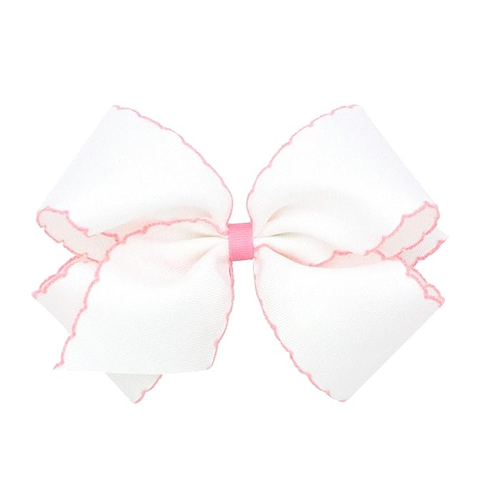 Wee Ones Girls' Classic Grosgrain Moonstitch Edge Hair Bow, No-Slip Hair Clip, Handmade, White with Light Pink, King