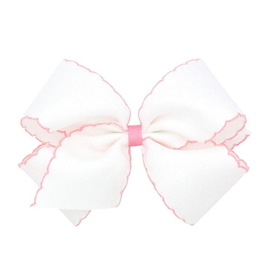 Wee Ones Girls' Classic Grosgrain Moonstitch Edge Hair Bow, No-Slip Hair Clip, Handmade, White with Light Pink, King