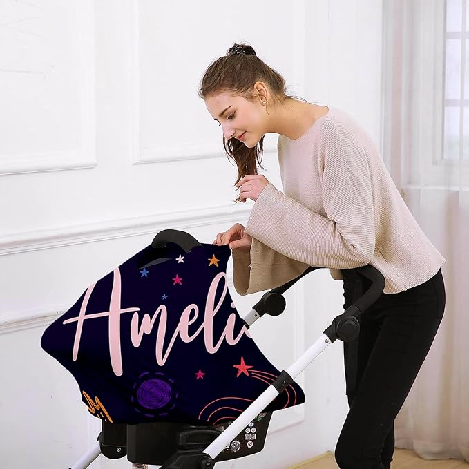 Personalised Car Seat Cover for Babies - Multi-use Carseat Canopy Cover with Name, Deep Purple Star Car Seat Covers, Christmas Birthday Gifts for Infant Boys and Girls