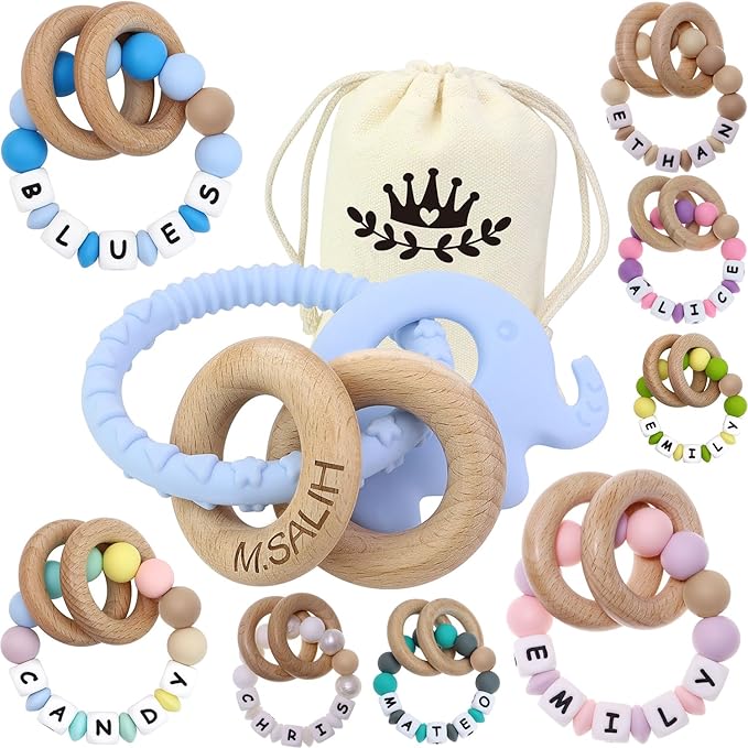 Baby Teether Toys with Name, Personalized Silicone Rattle, 0-3 Months Custom Teething Ring Toy for Babies and Raised Texture to Soothe Gums